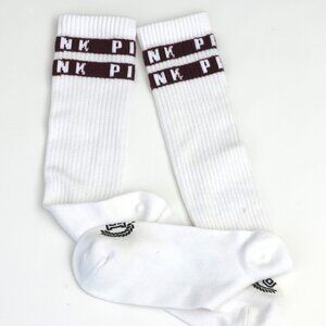 Super Rare Vintage White Knee High Socks w/ Red Macaroon Band & PINK Logo Unworn